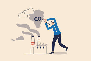 Reduce carbon footprint, decrease emission and pollution produce, global warming and environmental recovery plan concept, businessman country leader cutting CO2 carbon dioxide smoke from industrial.