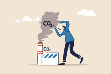 Reduce carbon footprint, decrease emission and pollution produce, global warming and environmental recovery plan concept, businessman country leader cutting CO2 carbon dioxide smoke from industrial.