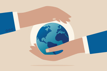 Save the world, peace or ecology, sustainability and environment protection, world care and support concept, businessman hand holding planet earth with care and other hand cover for protection.