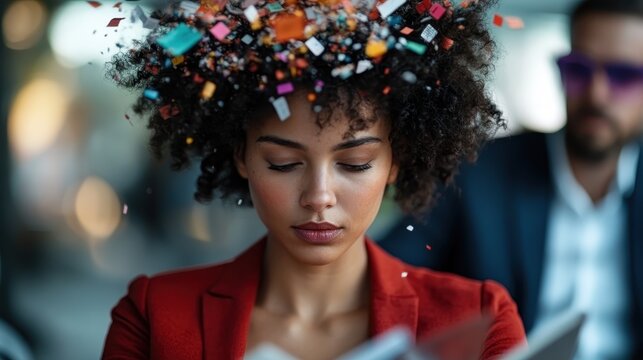 A woman sits deep in thought, surrounded by colorful confetti and an explosion of creativity representing the vibrant process of brainstorming and innovative thinking. - Powered by Adobe