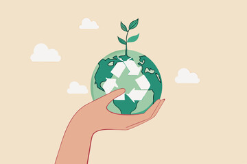 Sustainability, ecology or renewable energy to save the world from climate change or global warming, environmental safe or recycle concept, hand holding sustainable green world with recycle symbol.