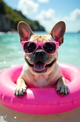 Funny French Bulldog dog swimming on a pink water lap in the pool. Summer days, vacation with a pet. Bulldog in sunglasses.	
