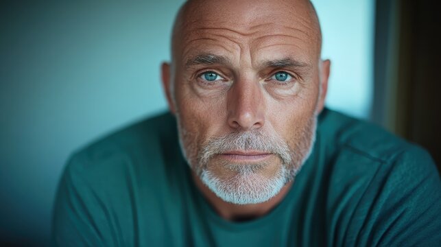 A close-up portrait captures an older man with a grizzled beard deep in thought, showcasing intensity and depth in his expressive blue eyes, reflecting wisdom and experience.