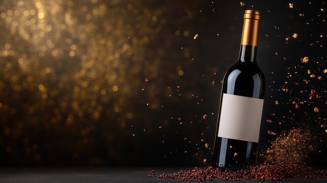 An elegant wine bottle with a blank label stands upright on a dark surface, surrounded by shimmering particles, creating an enchanting atmosphere perfect for celebrations or promotions.
