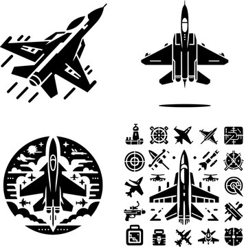 set of minimalist warfighter jet icon in black and white line style, symbolizing air combat and power.