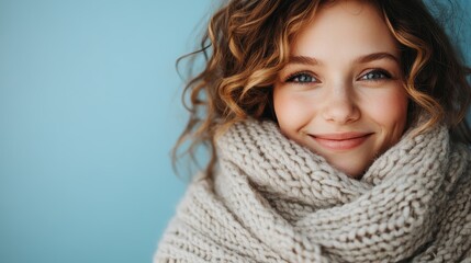 A joyful woman with curly hair smiles warmly while wrapped in a cozy knit scarf, portraying comfort, warmth, and the beauty of winter, perfect for emotional and lifestyle aesthetics.