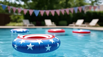 Inflatable rings with American flag designs float in a backyard pool decorated with patriotic bunting and lounge chairs in the background.