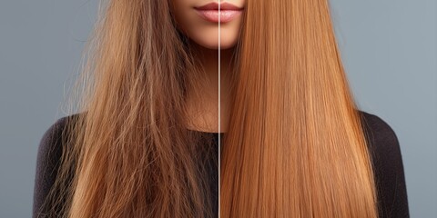 Clear visual contrast between damaged and saturated straight red hair, white background, beauty and hair care concept.