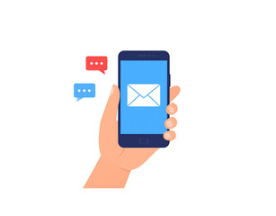 Hand Holding Smartphone with Email Icon and Chat Bubbles Illustration.