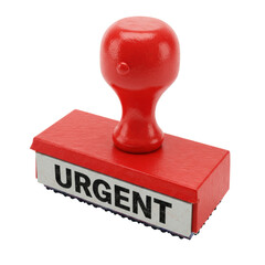 Brand new, clean, red rubber stamp with "urgent" text, ergonomic handle, isolated on transparent background with bright studio lighting, professional utility concept