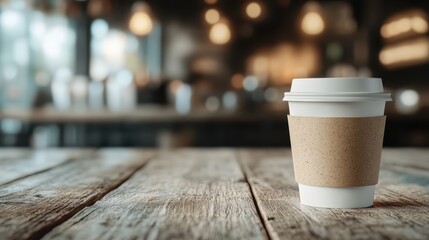 A simple yet inviting scene features a take-away coffee cup resting on a rustic wooden table, set against a softly blurred café background, evoking a cozy atmosphere.