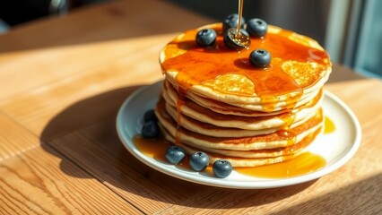 A stack of golden-brown pancakes topped with blueberries and drizzled with syrup. Warm, delicious presentation is perfect for breakfast ads and food blogs.