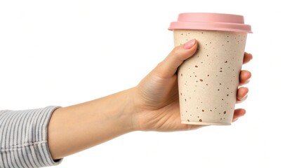 Hand holding beige speckled cup with pink lid on white background. Minimalism and purity of composition emphasize modern style. Ideal for ecology and coffee to go themes.