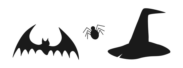 Hand Drawn Silhouette Bat Spider and Witch Hat Halloween symbols Greeting Cards Design elements Set
