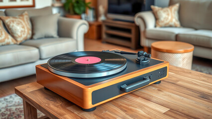 Retro turntable with vinyl record. Vintage audio equipment for lovers of analog sound. Nostalgia, style and musical inspiration.