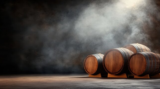 An enigmatic scene of wooden barrels partially obscured by swirling fog creates a moody atmosphere, invoking feelings of mystery and an alluring ambiance that captures imagination.