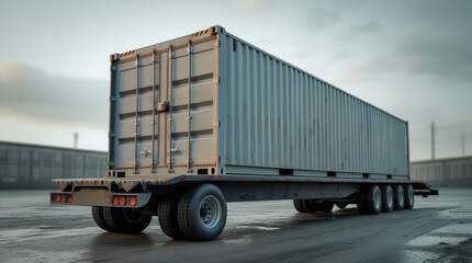 Photo of a trailer with a 40-foot container in a realistic industrial setting. Emphasis on the metal texture and structural details. Without people, in natural light.