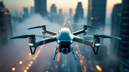 A modern drone in a dramatic shot against a blurred backdrop of skyscrapers. The low angle emphasizes strength and innovation. The light and fog create a sci-fi feel.
