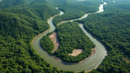 A winding river delta seen from above cuts through a dense green forest. The natural landscape from above demonstrates the harmony of water and vegetation.
