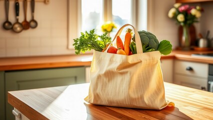 An eco-bag with farm products on a light kitchen background. A perfect image for themes of ecology, sustainability and organic products. Light and composition emphasize naturalness.