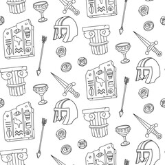 pattern of historical finds. Coins, a helmet, a dagger, a Greek column, and a stone with Egyptian hieroglyphs have a seamless texture. Materials for scientific posters, books, and articles.
