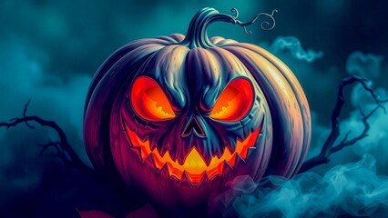 Fototapeta premium An artistic depiction of a creepy pumpkin that inspires thought and awakens the imagination. The rich color palette enhances the fairy-tale effect.