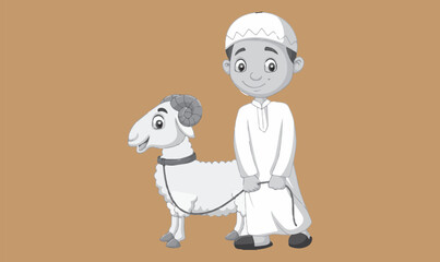 Muslim Boy with Ram Illustration – Eid al-Adha Qurbani Cartoon Vector