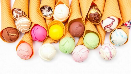 Assorted ice cream scoops in crispy cones. White background emphasizes color and texture. Suitable for advertising desserts and summer mood.
