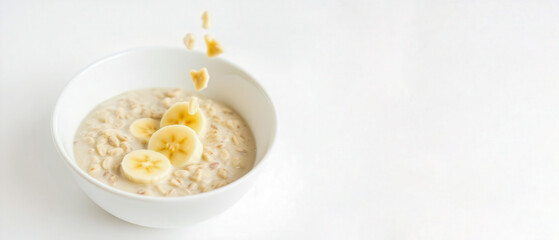 Banana slices falling into oatmeal with milk in a white bowl. Energetic morning, balanced nutrition. Ideal for advertising healthy breakfast and dietary nutrition.
