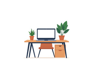 Modern Desk Setup with Laptop and Plants Illustration.