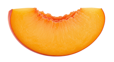 Close-up shot of a fresh, juicy peach slice with a bite taken out of it
