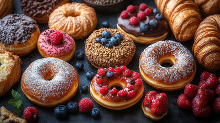 Overhead view of colorful donuts and flaky pastries on moody black backdrop 