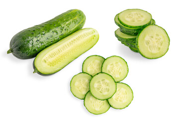 Set or collection of different types of cut of fresh raw juicy cucumber vegetable plant as whole, halved and cross section slices isolated on white background used as ingredient for vegetarian food