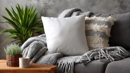 A cozy seating area showcasing a white cushion on a gray sofa with a patterned blanket. Complemented by lush green plants and natural wooden furniture, creating a serene and inviting ambiance.