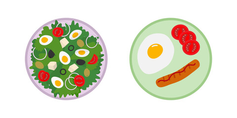 Boiled eggs with tomatoes and olives and Fried Egg with yolk and sausage on Plate Breakfast Food Set