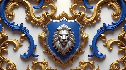 White Lion Emblem Centered on Blue Heraldic Shield Design