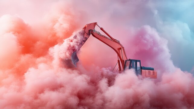 This dramatic image shows an excavator emerging from a vibrant cloud of colored smoke, symbolizing construction, transformation, and the power of machinery in action.