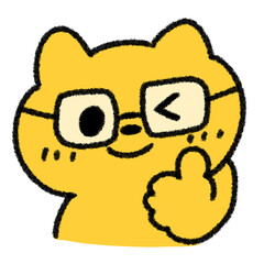 メガネでいいねポーズのネコのゆるかわいい手描きイラスト