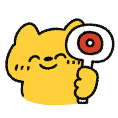 ◯マークのプレートを持ったにっこりネコのゆるかわ手描きイラスト 