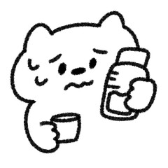 汗をかいて水分補給するゆるかわいいネコの手描きイラスト (モノクロ)