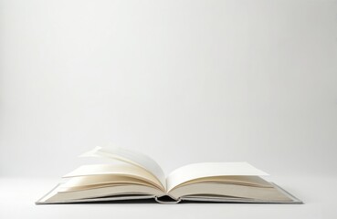 Open book pages with blank sheets. Education, business concepts. Empty pages for reading, writing, learning. Symbol of literature, knowledge. Isolated on white backdrop. Template for design projects.