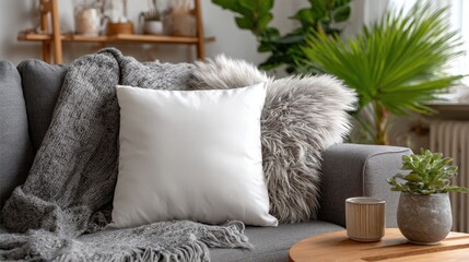 A cozy seating area showcasing a white cushion on a gray sofa with a patterned blanket. Complemented by lush green plants and natural wooden furniture, creating a serene and inviting ambiance.