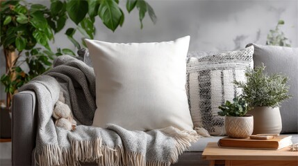 A cozy seating area showcasing a white cushion on a gray sofa with a patterned blanket. Complemented by lush green plants and natural wooden furniture, creating a serene and inviting ambiance.