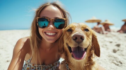 A joyful woman enjoys a sunny beach day with her golden retriever, both smiling brightly against a clear blue sky and sandy shores, perfect for pet lovers.