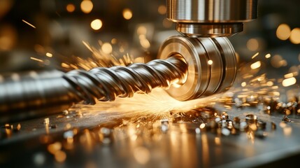 Precision machining sparks fly as a metal screw is crafted
