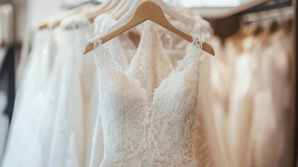 Elegant Wedding Gown on Hanger - Bridal Dress Detail, Luxury Fashion, Wedding Preparation, Formalwear, Bridal Boutique