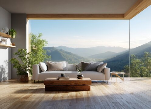 3D rendering of a modern living room interior design with a sofa and coffee table against a window with a view of a natural landscape background, in bright daylight, with a minimalistic style, wooden 