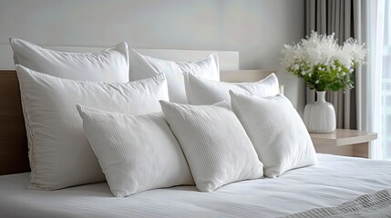 Luxurious Bedroom Still Life: Stacked Pillows on a Bed with a Floral Arrangement and Modern Decor.
