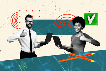 3D collage design composite trend artwork sketch of worker manager human resources young lady man remote coworking thumb like success