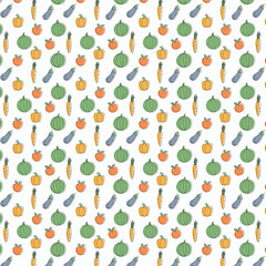 Seamless Cute Vegetable Pattern with Pumpkin, Zucchini, Carrot, Tomato and Cabbage